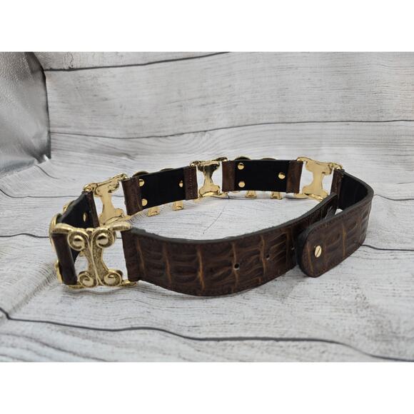 VTG CROCO EMBOSSED LEATHER GOLD Thai ELEPHANTS WAIST BELT Size Small/med main image 11